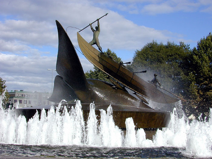 Fountain (in Sandefjord, Norway) of an early whaling boat with whalers